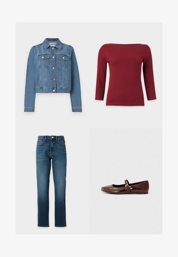 Veste en denim bleu avec fermeture à boutons, deux poches poitrine avec rabats à boutons, manches longues et col, posée à plat sur un fond blanc.; Haut à manches longues côtelé rouge foncé uni avec un large col bateau et une silhouette ajustée sur fond gris clair.; Jean droit en denim bleu avec fermeture à bouton et à glissière, cinq poches et un délavage subtil sur les cuisses, présenté sur un fond uni.; Ballerine en cuir verni marron avec un bout carré et une lanière ornée d'une petite boucle dorée. Texture lisse, talon bas et design minimaliste.
