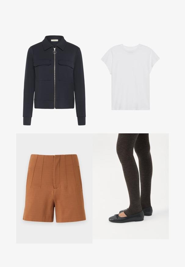 Marineblå jakke med lynlås foran og ringetræk, to brystlommer med klap, lange ærmer og en spids krave.; Hvid kortærmet t-shirt med rund hals, afslappet pasform, lavet af blødt bomuldsstof. Glat tekstur, ingen mønstre eller logoer.; Brune højtaljede, skræddersyede shorts med lodrette syninger og sidelommer, vist fladt på en lys baggrund.; Ben iført mørke ribbede leggings kombineret med sorte balletsko med små sløjfedetaljer på hvid baggrund.