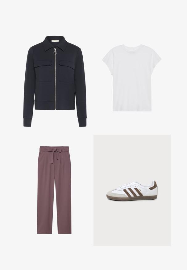 Veste bleu marine avec une fermeture éclair à l'avant et un tire-anneau, deux poches poitrine à rabat, manches longues et col pointu.; T-shirt blanc à manches courtes, col rond, coupe décontractée, en tissu de coton doux. Texture lisse, sans motifs ni logos.; Pantalons larges de couleur prune avec une taille ceinturée, un devant plissé et une texture lisse. Comprend des poches latérales et un design ajusté.; adidas Originals SAMBA - Baskets basses - white/earth strata/gum