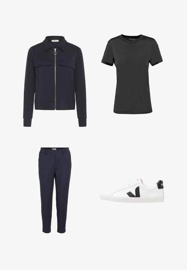 Chaqueta azul marino con cremallera frontal y tirador en forma de anilla, dos bolsillos de solapa en el pecho, mangas largas y cuello puntiagudo.; Camiseta de manga corta negra, hecha de tela suave. Presenta un cuello redondo sin patrones ni acentos visibles, ofreciendo un diseño sencillo.; Pantalones marinos hechos de una tela suave con un diseño ajustado, bolsillos laterales y una cinturilla elástica para mayor comodidad. Parte delantera plana sin patrones.; Zapatilla blanca con un logo en V negro, con una parte superior de cuero liso, puntera redonda, cierre de cordones y una lengüeta en el talón de color negro en contraste.