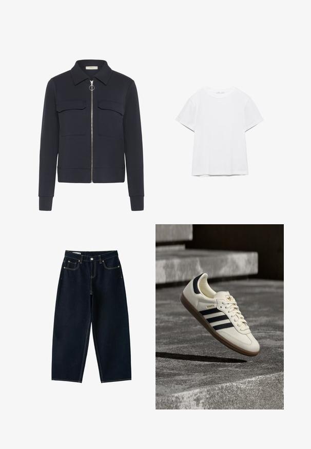Marineblå jakke med lynlås foran og ringetræk, to brystlommer med klap, lange ærmer og en spids krave.; Hvid, kortærmet T-shirt med rund hals og lige kant, vist på en hvid baggrund.; Mørkeblå jeans med brede ben og høj talje, foran knap, lynlås og fem lommer med synlige sømme.; Hvid Adidas Samba sneaker med sorte striber og gummsål, svævende over teksturerede grå betonstrin.