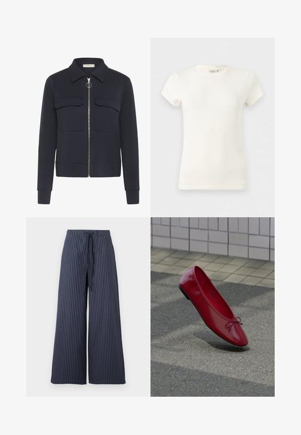 Marineblauwe jas met een rits aan de voorkant en een ringtrekker, twee borstzakken met klep, lange mouwen en een puntige kraag.; Eenvoudig wit katoenen T-shirt met korte mouwen en ronde hals, weergegeven op een lichtgrijze achtergrond.; Navyblauwe wijde broek met witte verticale strepen. Gemaakt van een lichtgewicht stof, voorzien van een drawstring taille en een gladde textuur.; Rode leren balletschoen met een klein strikje op een gestructureerd trottoir vlakbij een betegelde muur, met een schaduw eronder.