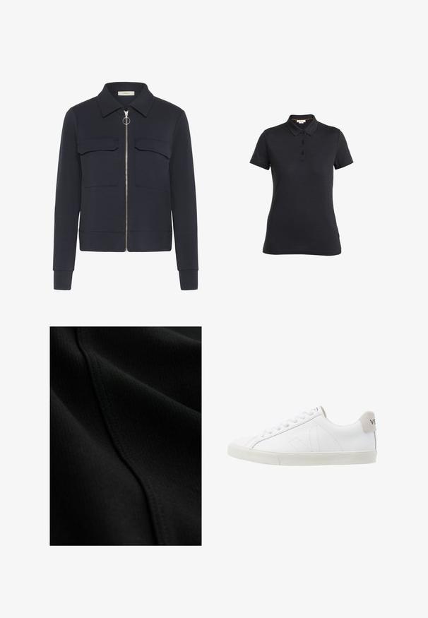 Veste bleu marine avec une fermeture éclair à l'avant et un tire-anneau, deux poches poitrine à rabat, manches longues et col pointu.; Polo shirt noir en tissu lisse, avec col, fermeture à trois boutons et manches courtes. Design simple, sans motifs ni accents.; Tissu noir à texture côtelée, présentant des détails de couture subtils et des plis lisses et fluides. Matériau fin et léger.; Baskets en cuir blanc avec une semelle en caoutchouc texturée et blanc cassé. Les caractéristiques incluent des lacets, des coutures discrètes et un accent en daim gris au niveau du talon.
