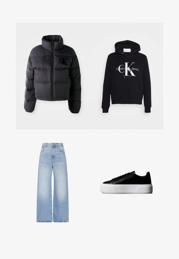 Sort pufferjakke, cropped design med høj krave, der har vandret quiltede sektioner og en frontlynlås. Broderet logo på brystet.; Sort hoodie med kengurulomme, snor i hætten og fed hvid "CK" logo med teksten "Calvin Klein Jeans" nedenunder. Blødt materiale.; Lyseblå højtaljede jeans med vidde i benene, lukkes foran med knapper og lynlås, for- og baglommer samt en let slidt detalje på højre lomme.; Sort lavt snøresko med tyk hvid platformsål og sorte snørebånd, sideprofil mod hvid baggrund.
