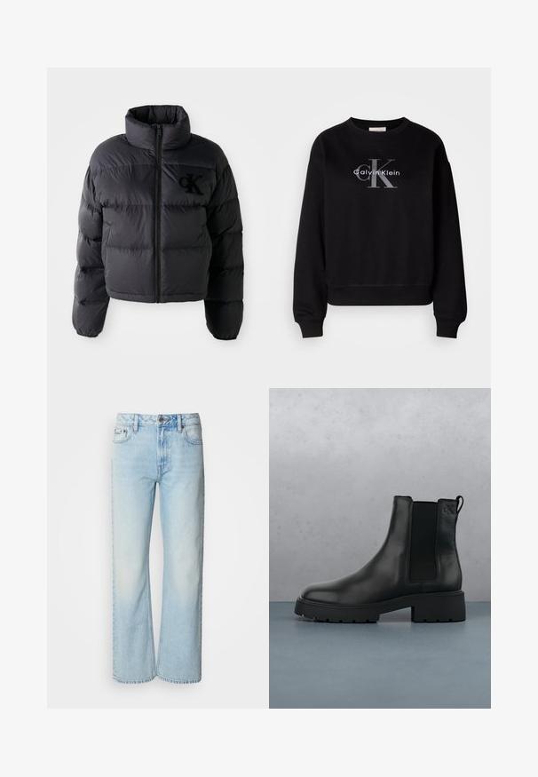 Sort pufferjakke, cropped design med høj krave, der har vandret quiltede sektioner og en frontlynlås. Broderet logo på brystet.; Sort sweatshirt lavet af bomuld, med rund hals og løs pasform. Viser et stort gråt logo med "Calvin Klein" og "CK" på forsiden.; Lyseblå brede jeans lavet af denim med et klassisk fem-lomme design og en subtil falmet tekstur. Denim-syninger er synlige.; Sort læder Chelsea-boot med elastiske sidepaneler, tekstureret finish og en robust sål, placeret over brune træfliser med småsten.