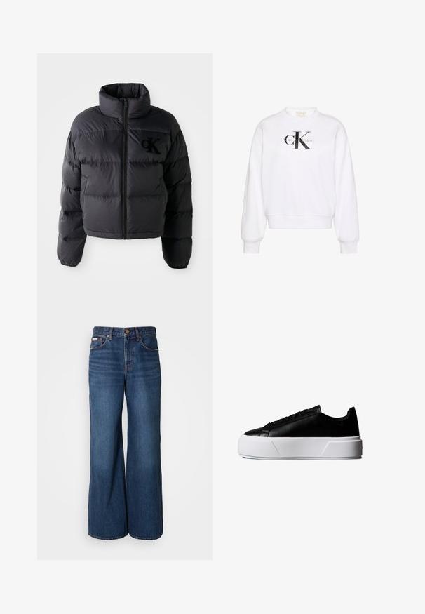 Sort pufferjakke, cropped design med høj krave, der har vandret quiltede sektioner og en frontlynlås. Broderet logo på brystet.; Hvid sweatshirt med rund hals, lange ærmer, ribstrikkede manchetter og kant. Har et stort sort 'CK'-logo på fronten og blød tekstur.; Bredde jeans lavet af mørkeblåt denim. Funktioner inkluderer en høj talje, fem lommer og kontrasterende orange syninger langs sømmene.; Sort lavt snøresko med tyk hvid platformsål og sorte snørebånd, sideprofil mod hvid baggrund.