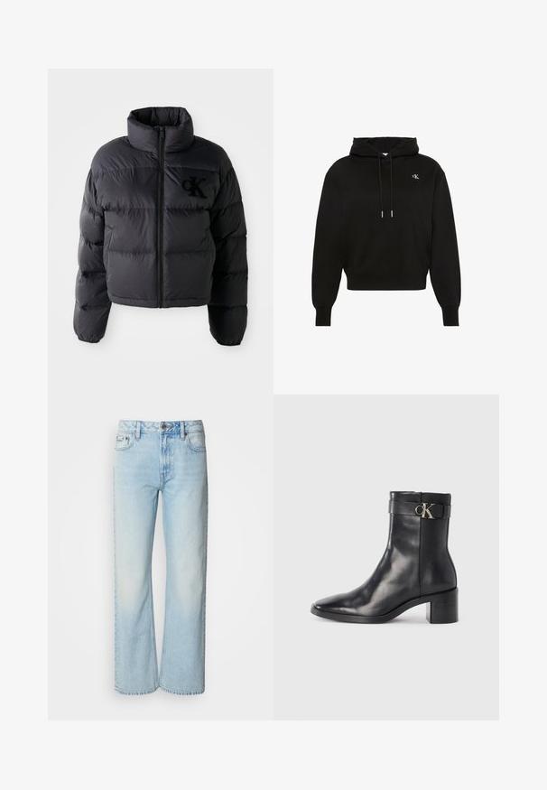 Veste doudoune noire, design court avec col haut, présentant des sections matelassées horizontales et une fermeture éclair à l'avant. Logo brodé sur la poitrine.; Sweat à capuche noir à manches longues avec cordons, poignets côtelés, ourlet côtelé et petit logo blanc "cK" sur la poitrine gauche.; Jeans à jambes larges bleu clair en denim, présentant un design classique à cinq poches et une texture légèrement décolorée. La couture en denim est visible.; Botte de cheville en cuir noir avec un bout pointu, un talon carré et une sangle avec un détail de logo métallique. Texture lisse et design minimaliste.