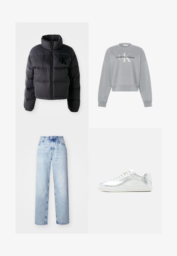 Schwarze Puffjacke, kurze Konstruktion mit hohem Kragen, mit horizontalen gesteppten Abschnitten und einem Frontreißverschluss. Besticktes Logo auf der Brust.; Hellgraues, kurz geschnittenes Sweatshirt mit langen Ärmeln, auf der Vorderseite mittig mit weißem "cK" und schwarzem "Calvin Klein Jeans" Logo.; Hellblaue High-Waist-Jeans mit lockerer Passform, geradem Bein, fünf Taschen und klassischem Knopf- und Reißverschluss.; Niedriger Sneaker in metallischem Silber mit weißer Sohle und Schnürsenkeln, glatter Struktur und dezent geprägtem Branding an der Seite.