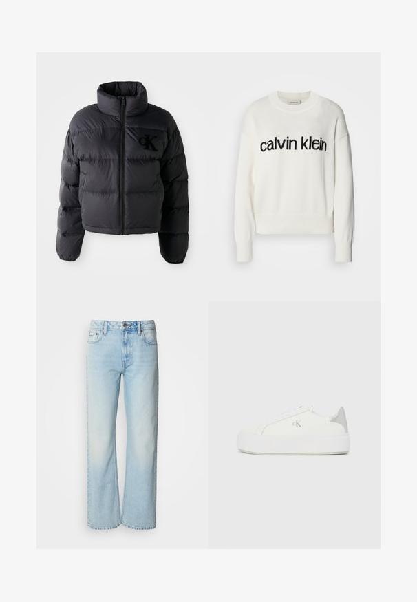 Sort pufferjakke, cropped design med høj krave, der har vandret quiltede sektioner og en frontlynlås. Broderet logo på brystet.; Hvid strikket sweater med rund halsudskæring og lange ærmer, med et sort "calvin klein" logo over brystet. Blød tekstur, cropped snit.; Lyseblå brede jeans lavet af denim med et klassisk fem-lomme design og en subtil falmet tekstur. Denim-syninger er synlige.; Hvide lærredssneakers med en tyk hvid sål, prydet med en metallic sølvaccent på hælen og en diskret logo-detalje på siden.