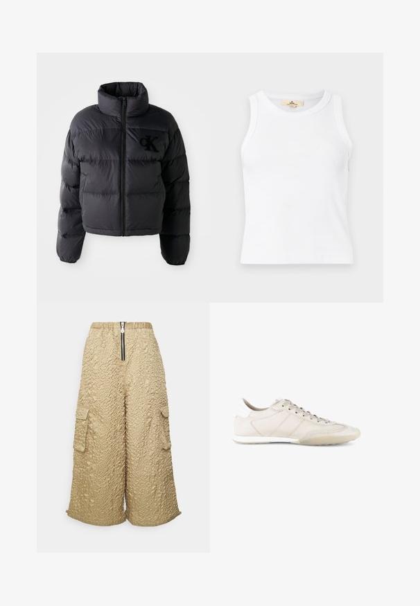 Veste doudoune noire, design court avec col haut, présentant des sections matelassées horizontales et une fermeture éclair à l'avant. Logo brodé sur la poitrine.; Crop top blanc côtelé sans manches avec encolure ronde et étiquette de marque beige visible à l'intérieur du col.; The Ragged Priest STORM PARACHUTE
TROUSERS - Pantalon cargo - beige; Baskets basses beige avec semelle en caoutchouc texturée, lacets à l'avant et coutures décoratives sur une tige en cuir lisse et suédé.