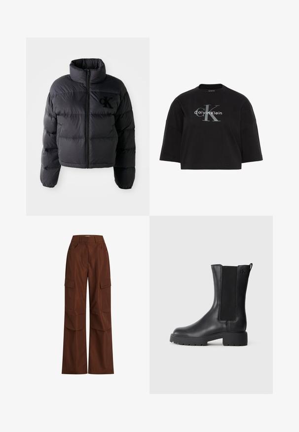 Sort pufferjakke, cropped design med høj krave, der har vandret quiltede sektioner og en frontlynlås. Broderet logo på brystet.; Sort cropped oversize T-shirt med brede ærmer og gråt "CK Calvin Klein" logo trykt på frontens midte.; Brune cargo-bukser med brede ben, flere sidelommer, høj talje og robust bomuldsstof med en glat textured.; Sorte læder ankelstøvler med elastiske sidepaneler, rund tå og chunky gummisål. Har et diskret logo præget på siden.