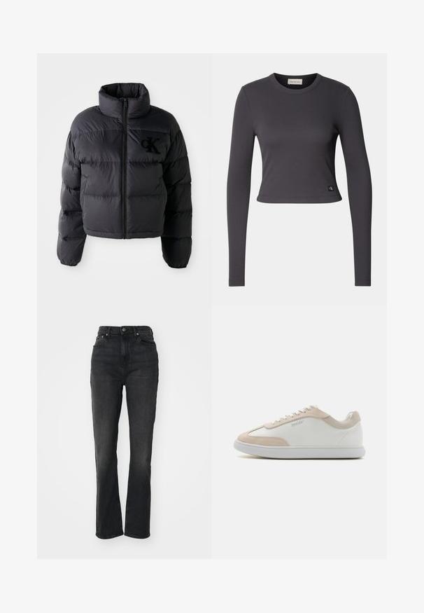 Sort pufferjakke, cropped design med høj krave, der har vandret quiltede sektioner og en frontlynlås. Broderet logo på brystet.; Langærmet, cropped top i mørkegrå ribbet stof med en rund halsudskæring og et lille logo patch nederst. Glat tekstur, tætsiddende design.; Højtaljede sorte denim jeans med lige ben, fem-lomme design, frontlukning med knap og minimal syning.; Hvide lædersneakers med beige ruskindsdetaljer og hvide snøringer. Har en rund tå og en polstret sål for komfort.