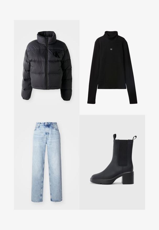 Schwarze Puffjacke, kurze Konstruktion mit hohem Kragen, mit horizontalen gesteppten Abschnitten und einem Frontreißverschluss. Besticktes Logo auf der Brust.; Schwarzes, geripptes Langarm-Top mit Rollkragen und kleinem quadratischem Calvin Klein Logo-Patch zentral auf der Brust.; Hellblaue High-Waist-Jeans mit lockerer Passform, geradem Bein, fünf Taschen und klassischem Knopf- und Reißverschluss.; Schwarze Knöchelstiefel aus glattem Gummi-Material, mit elastischen Seitenpaneelen, Blockabsatz und Zugschlaufen oben für ein einfaches Anziehen.