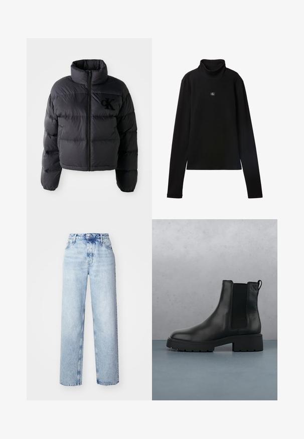 Sort pufferjakke, cropped design med høj krave, der har vandret quiltede sektioner og en frontlynlås. Broderet logo på brystet.; Sort ribstrikket bluse med lange ærmer og lille firkantet Calvin Klein-logo placeret centralt på brystet.; Lyseblå højtaljede jeans med løs pasform, der har lige ben, fem lommer og en klassisk knap- og lynlåslukning.; Sort læder Chelsea-boot med elastiske sidepaneler, tekstureret finish og en robust sål, placeret over brune træfliser med småsten.