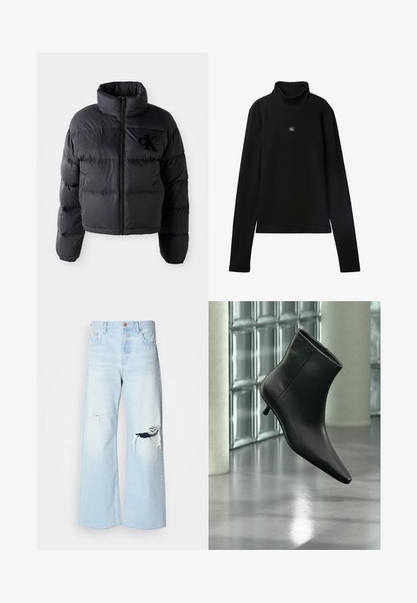 Sort pufferjakke, cropped design med høj krave, der har vandret quiltede sektioner og en frontlynlås. Broderet logo på brystet.; Sort ribstrikket bluse med lange ærmer og lille firkantet Calvin Klein-logo placeret centralt på brystet.; Lyseblå brede jeans lavet af denim, med høj talje, store revner ved knæene og et klassisk fem-lomme design med kobberhardware.; Sort læderankelstøvle med spids tå og lav kitten-hæ, vist vinklet mod en poleret gulv- og glasblokvæg.