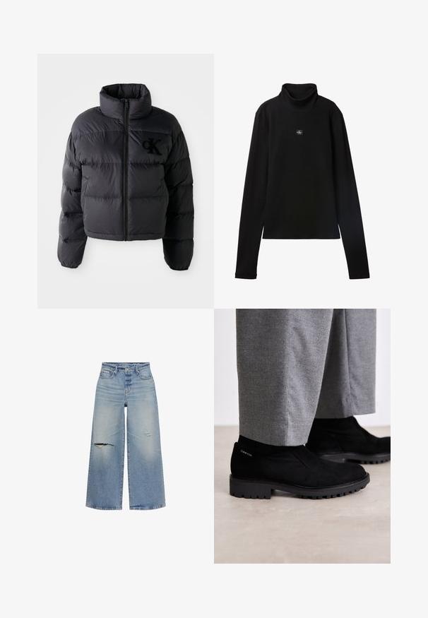 Schwarze Puffjacke, kurze Konstruktion mit hohem Kragen, mit horizontalen gesteppten Abschnitten und einem Frontreißverschluss. Besticktes Logo auf der Brust.; Schwarzes, geripptes Langarm-Top mit Rollkragen und kleinem quadratischem Calvin Klein Logo-Patch zentral auf der Brust.; Hellblaue Jeans mit weitem Bein aus Denim, mit ausgewaschenen Details, darunter zwei Risse auf der Vorderseite, und einem Fünf-Taschen-Design.; Schwarze Wildleder-Stiefeletten mit Gummisohle, ausgestattet mit einem elastischen Seiteneinsatz und einem Logo-Akzent an der Ferse. Kombiniert mit grauen Hosen.
