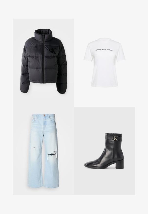 Schwarze Puffjacke, kurze Konstruktion mit hohem Kragen, mit horizontalen gesteppten Abschnitten und einem Frontreißverschluss. Besticktes Logo auf der Brust.; Weißes Baumwoll-T-Shirt mit Rundhalsausschnitt und kurzen Ärmeln, bedruckt mit dem Schriftzug "Calvin Klein Jeans" in schwarzer Schrift quer über der Brust.; Helle blaue, weit geschnittene Jeans aus Denim mit hoher Taille, großen Rissen an den Knien und einem klassischen Fünf-Taschen-Design mit kupferfarbenen Beschlägen.; Schwarze Leder-Ankle Boots mit spitzem Zehenbereich, Blockabsatz und einem Riemen mit einem metallischen Logodetail. Glatte Textur und minimales Design.