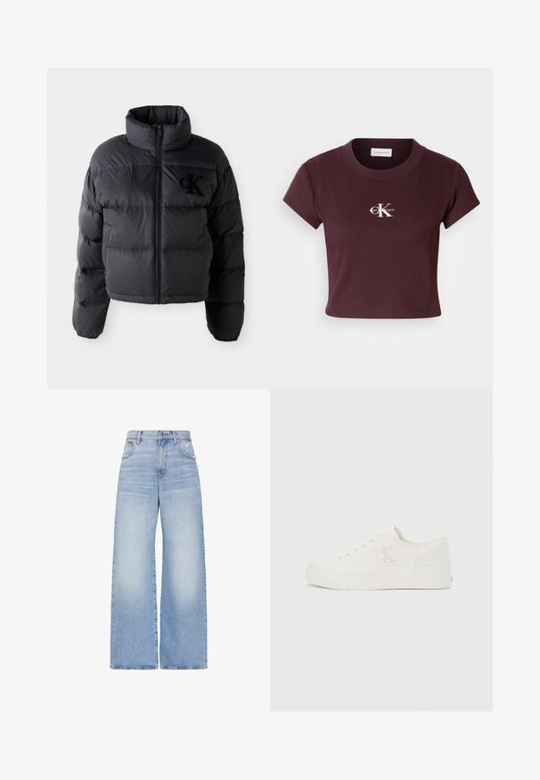 Schwarze Puffjacke, kurze Konstruktion mit hohem Kragen, mit horizontalen gesteppten Abschnitten und einem Frontreißverschluss. Besticktes Logo auf der Brust.; Bordeauxfarbenes, kurzes T-Shirt aus geripptem Stoff mit kurzen Ärmeln. Verfügt über ein weißes Calvin Klein-Logo, das auf der Brust zentriert ist.; Hellblaue Jeans mit hoher Taille und weitem Bein, vorne mit Knopf- und Reißverschluss, vorderen und hinteren Taschen sowie einem leicht verwaschenen Detail an der rechten Tasche.; Weißer Sneaker mit niedrigem Schaft, dicker Sohle und seitlichem "cK"-Logo, Schnürung vorne und minimalistischem Design auf neutralem Hintergrund.