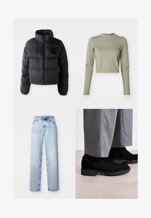 Sort pufferjakke, cropped design med høj krave, der har vandret quiltede sektioner og en frontlynlås. Broderet logo på brystet.; Besluttede langærmede top i lys olivengrøn, lavet af glat strækstof, med høj halsudskæring og et Calvin Klein-logo ved kraven.; Lyseblå højtaljede jeans med løs pasform, der har lige ben, fem lommer og en klassisk knap- og lynlåslukning.; Sorte suede ankelstøvler med gummisål, der har et elastisk sidepanel og et logo akcent på hælen. Parret med grå bukser.