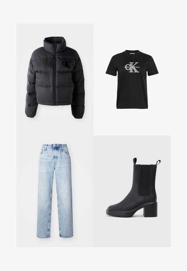 Sort pufferjakke, cropped design med høj krave, der har vandret quiltede sektioner og en frontlynlås. Broderet logo på brystet.; Sort T-shirt med korte ærmer og hvidt "Calvin Klein"-logo med store stiliserede bogstaver "cK" midt på forsiden.; Lyseblå højtaljede jeans med løs pasform, der har lige ben, fem lommer og en klassisk knap- og lynlåslukning.; Sorte ankelstøvler i glat gummimateriale, med elastiske sidepaneler, blokhæle og trækskilt øverst for nem påtagning.