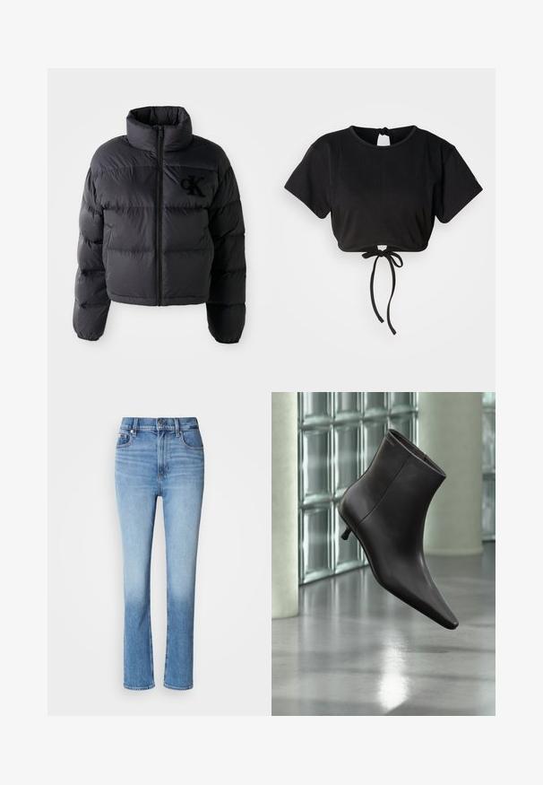 Sort pufferjakke, cropped design med høj krave, der har vandret quiltede sektioner og en frontlynlås. Broderet logo på brystet.; Sort cropped t-shirt lavet af blødt stof, med korte ærmer, rund halsudskæring og en bindedetalje bagpå til justering.; Blå denimjeans med høj talje, lige ben-design, falmede farvegradient og fem-lomme stil. Metalknap- og lynlås-lukning.; Sort læderankelstøvle med spids tå og lille hæl vist mod en væg af glasblokke og poleret gulv baggrund.