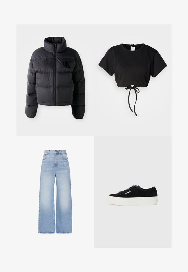 Sort pufferjakke, cropped design med høj krave, der har vandret quiltede sektioner og en frontlynlås. Broderet logo på brystet.; Sort cropped t-shirt lavet af blødt stof, med korte ærmer, rund halsudskæring og en bindedetalje bagpå til justering.; Lyseblå højtaljede jeans med vidde i benene, lukkes foran med knapper og lynlås, for- og baglommer samt en let slidt detalje på højre lomme.; Sorte kordfløjl sneakers med en hvid gummisål. Har rund tå, snørebånd foran og en minimal logo detalje på siden.
