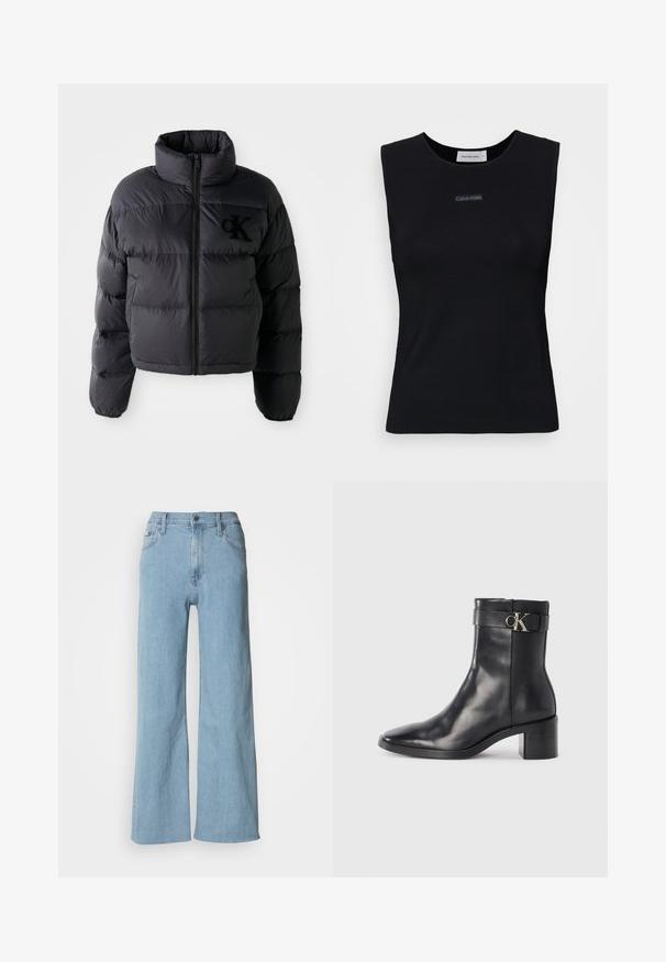 Sort pufferjakke, cropped design med høj krave, der har vandret quiltede sektioner og en frontlynlås. Broderet logo på brystet.; Sort ærmeløs top lavet af glat stof. Har en rund halsudskæring og et lille Calvin Klein-logo i midten. Simpelt og tætsiddende design.; Lyseblå vidde jeans lavet af denim, med en tætsiddende talje, fem-lomme design og subtile syningsdetaljer.; Sort læder ankelstøvle med spids tå, blokhæl og en rem med en metallisk logo detalje. Glat tekstur og minimalistisk design.