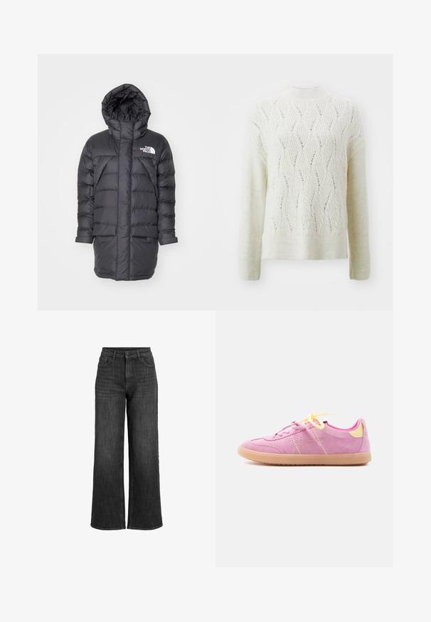 Doudoune noire avec capuche, au design matelassé, deux poches avant et un logo de marque blanc en haut à gauche.; Pull en tricot couleur crème, avec un col montant et un motif à vagues agrémenté de détails ajourés. Manches longues et coupe décontractée.; Jean noir taille haute à jambes larges avec bouton frontal, fermeture éclair, passants de ceinture et design à cinq poches sur fond blanc.; Baskets basses en daim rose avec semelle beige, talon jaune, lacets jaunes et un dessin discret cousu sur le côté.