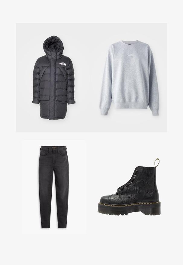 Schwarze Pufferjacke mit Kapuze, mit gestepptem Design, zwei Fronttaschen und einem weißen Markenlogo auf der oberen linken Seite.; Grauer Sweatshirt mit langen Ärmeln, rundem Halsausschnitt, gerippten Bündchen und Saum. Verfügt über ein kleines weißes Logo auf der Brust. Material aus Baumwollmischung.; Schwarze hochgeschnittene Slim-Fit-Jeans mit Vorder- und Gesäßtaschen, Knopfverschluss und Gürtelschlaufen, auf einem weißen Hintergrund präsentiert.; Schwarze Leder-Ankle-Boots mit strukturierten Oberflächen, runder Zehenpartie, Schnürdesign, gelben Nähten und einer dicken, gerippten schwarzen Plateausohle.
