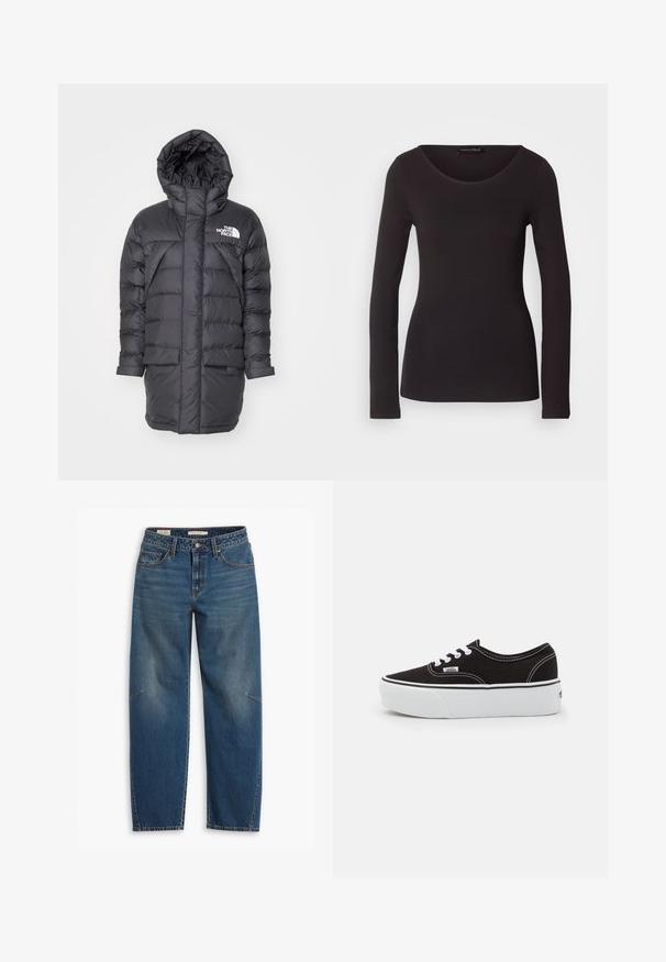 Doudoune noire avec capuche, au design matelassé, deux poches avant et un logo de marque blanc en haut à gauche.; Haut noir à manches longues en tissu lisse avec un col rond et une silhouette ajustée ; ne présente aucun motif ni accent.; Jeans en denim bleu avec une coupe décontractée, featuring une taille haute, des jambes droites, des coutures visibles et un petit accent sur le genou gauche.; Baskets en toile noires avec une semelle en caoutchouc blanc, dotées de lacets et de coutures blanches, marquage emblématique sur le côté, design basse.