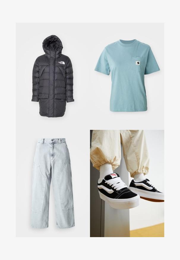 Schwarze Pufferjacke mit Kapuze, mit gestepptem Design, zwei Fronttaschen und einem weißen Markenlogo auf der oberen linken Seite.; Helles blaues, kurzärmliges Baumwoll-T-Shirt mit Brusttasche, das mit einem kleinen schwarz-weißen Carhartt-Logo-Patch versehen ist.; Helle blaue Denim-Hosen mit weitem Bein, großen Seitentaschen, hohem Bund und lockerer Passform. Abgenutzte Textur mit verwaschenem Finish.; Person, die schwarz-weiße Vans-Sneaker mit weißen Schnürsenkeln, weißen Socken und beigen Hosen mit elastischen Bündchen trägt.