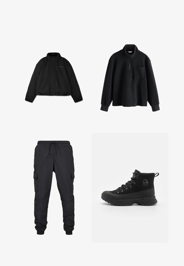 Sort dunjakke med høj krave, lynlåslommer i siden og subtilt logo på venstre bryst, vist fladt mod hvid baggrund.; Sort fleece-pullover med kvart-lynlås foran, høj krave, lange ærmer, ribbede manchetter og en brystlomme.; Sorte cargo bukser med elastisk talje og snoretræk, med sidelommer og manchetter. Lavet af let og holdbart stof.; Sort vandtætte vandrestøvler lavet af ruskind og gummi. Funktioner inkluderer et højt design, fremspringende snørebånd og en struktureret sål.