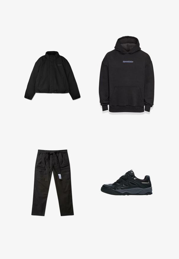 Sort dunjakke med høj krave, lynlåslommer i siden og subtilt logo på venstre bryst, vist fladt mod hvid baggrund.; Sort hætte sweatshirt lavet af en blanding af bomuldsstof. Har en frontlomme og et logo i blå og rød. Ribbekanter ved håndleddene og kanten.; Sorte cargo-bukser lavet af et holdbart materiale, med belted talje, fire lommer og lige ben.; Sort sportssko med glat læderoverdel, meshdetaljer, tekstureret sål og runde snørebånd; har en polstret mellemsål for støtte.