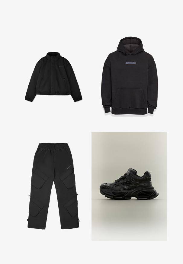 Schwarze Steppjacke mit hohem Kragen, seitlichen Reißverschlusstaschen und dezentem Logo auf der linken Brust, flach auf weißem Hintergrund dargestellt.; Schwarzer Kapuzenpullover aus einem Baumwollmischgewebe. Verfügt über eine vordere Tasche und ein Logo in Blau und Rot. Gerippte Bündchen und Saum.; Schwarze Cargo-Hosen aus leichtem, strukturiertem Material. Verfügen über einen elastischen Bund, mehrere große Taschen und verstellbare Bündchen.; Schwarzer klobiger Sneaker mit strukturiertem Design, dicker Sohle und Schnürverschluss vor schlichtem neutralem Hintergrund.