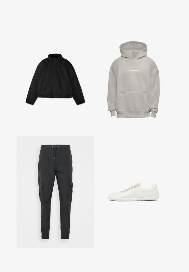 Schwarze Steppjacke mit hohem Kragen, seitlichen Reißverschlusstaschen und dezentem Logo auf der linken Brust, flach auf weißem Hintergrund dargestellt.; Hellgrauer übergroßer Hoodie mit Fronttasche und "DROPSIZE" in Weiß auf der Brust gedruckt.; Schwarze Cargo-Hosen aus leichtem Stoff, mit einem verstellbaren Kordelzugbund, elastischen Bündchen und zwei Seitentaschen.; Minimalistischer weißer Low-Top-Sneaker mit strukturiertem Mesh-Gewebe, weißer Sohle und hellbeigem Schnürösen-Panel.