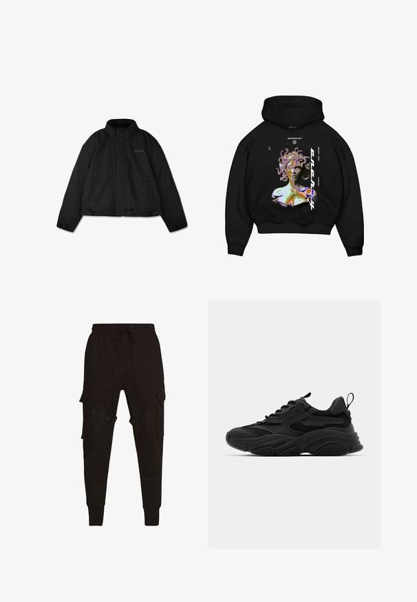 Schwarze Steppjacke mit hohem Kragen, seitlichen Reißverschlusstaschen und dezentem Logo auf der linken Brust, flach auf weißem Hintergrund dargestellt.; Schwarz mit Kapuze Sweatshirt featuring ein mehrfarbiges Grafik eines Medusa-ähnlichen Figur, mit hervorgehobenem Text und einer vorderen Kängurutasche.; Schwarze Cargo-Hosen mit einem Kordelzugbund, seitlichen Taschen und strukturierten Akzenten an den Cargo-Taschen und Riemen. Enganliegende Bündchen an den Knöcheln.; Schwarze Sportschuhe mit einer dicken Sohle, Mesh-Einsätzen und Gummidetails. Verfügen über eine Zuglasche an der Ferse und strukturierte Muster.