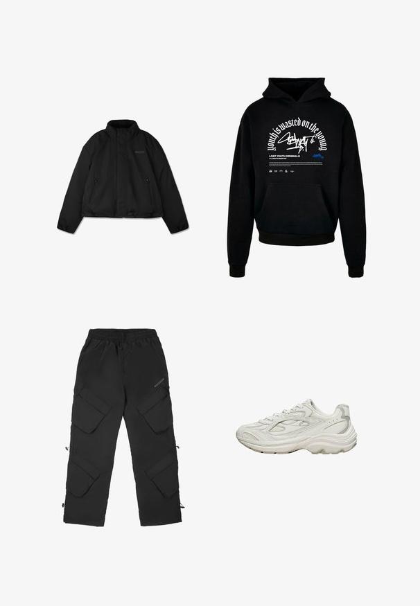 Schwarze Steppjacke mit hohem Kragen, seitlichen Reißverschlusstaschen und dezentem Logo auf der linken Brust, flach auf weißem Hintergrund dargestellt.; Schwarzer Kapuzenpullover mit Fronttasche. Ausgestattet mit fettem weißen Text und Grafikdesign. Hergestellt aus weichem Material, mit gerippten Bündchen und Saumabschlüssen.; Schwarze Cargo-Hosen aus leichtem, strukturiertem Material. Verfügen über einen elastischen Bund, mehrere große Taschen und verstellbare Bündchen.; Weißer Sneaker mit strukturiertem Obermaterial und klobiger Sohle. Merkmale sind geschwungene Linien, dezente graue Akzente und ein Schnürdesign.