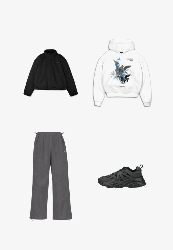 Zwarte donzen jas met hoge kraag, ritssluitingen aan de zijkanten en een subtiel logo op de linkerborst, plat weergegeven op een witte achtergrond.; Witte hoodie met een grafisch ontwerp van een engel met vleugels en abstracte blauwe accenten, evenals tekst en symbolen gedrukt op de voorkant.; Grijze, wijde broek gemaakt van zachte stof. Voorzien van een elastische tailleband, zijzakken en ritsen bij de kuiten. Eenvoudig ontwerp met minimale details.; Zwarte sportschoen met dikke, getextureerde zool, meshpanelen, synthetische overlays, vetersluiting en trekkoord aan de hiel.