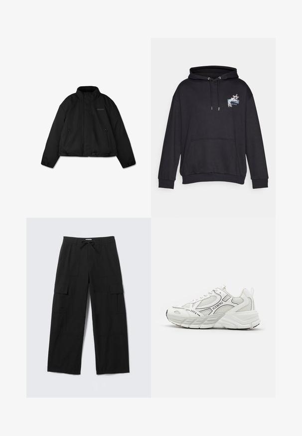 Schwarze Steppjacke mit hohem Kragen, seitlichen Reißverschlusstaschen und dezentem Logo auf der linken Brust, flach auf weißem Hintergrund dargestellt.; Schwarzer Hoodie aus weichem Stoff mit Kängurutasche, Kapuze mit Kordelzug und Grafikdruck mit einem Design auf der Brust.; Schwarze Cargo-Hose mit weitem Bein, vorderen Taschen, Oberschenkeltaschen mit Klappen, Gürtelschlaufen und Kordelzugbund, flach auf einem weißen Hintergrund ausgelegt.; Weiße Sportschuhe mit Netzpaneelen, strukturierten Überzügen, schwarzen Akzenten und einer dicken Sohle. Mit dem Markennamen "ICEBERG" und dem Jahr "1974."