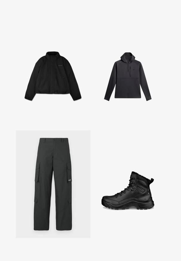 Schwarze Steppjacke mit hohem Kragen, seitlichen Reißverschlusstaschen und dezentem Logo auf der linken Brust, flach auf weißem Hintergrund dargestellt.; Schwarzer Pullover mit Kapuze, ausgestattet mit einem Viertel-Reißverschluss auf der Vorderseite, Raglanärmeln und einer mit Reißverschluss versehenen Brusttasche; glatte Textur und sportliches Design.; Schwarze gerade Cargo-Hosen mit seitlichen Klappentaschen, Druckknopfverschluss, Gürtelschlaufen und kleinem weißen Logo auf der Klappentasche rechts.; Schwarzer hoher Wanderschuh mit gepolstertem Knöchel, Schnürhaken, robuster Sohle und Zuglasche an der Ferse, entworfen für den Außeneinsatz und kaltes Wetter.