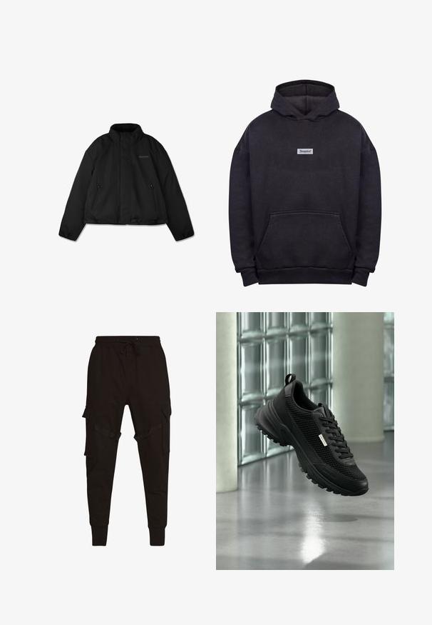 Zwarte donzen jas met hoge kraag, ritssluitingen aan de zijkanten en een subtiel logo op de linkerborst, plat weergegeven op een witte achtergrond.; Zwarte hoodie van zacht materiaal met een kangoeroezak, een trekkoordcapuchon en een klein rechthoekig logo-opdruk op de borst.; Zwarte cargobroek met een trekkoord in de taille, zijzakken en textuuraccenten op de cargozakken en riemen. Strakke boorden bij de enkels.; Zwarte sportieve sneaker met mesh zijkanten en dikke zool, die binnen zweeft nabij glasblokken en zuilen op een gladde vloer.