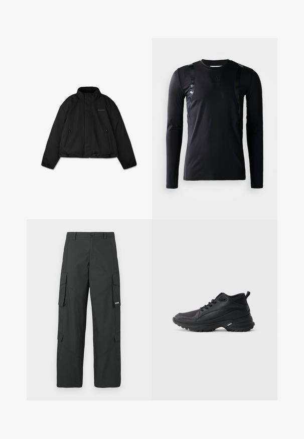 Schwarze Steppjacke mit hohem Kragen, seitlichen Reißverschlusstaschen und dezentem Logo auf der linken Brust, flach auf weißem Hintergrund dargestellt.; Schwarzes, langärmliges Sportshirt aus glattem, dehnbarem Stoff. Verfügt über glänzende schwarze Akzente an den Schultern und ein Adidas-Logo auf der Brust.; Schwarze gerade Cargo-Hosen mit seitlichen Klappentaschen, Druckknopfverschluss, Gürtelschlaufen und kleinem weißen Logo auf der Klappentasche rechts.; Schwarze Sportschuhe aus synthetischem Material. Ausgestattet mit einem gepolsterten Kragen, einer runden Spitze, einer robusten Laufsohle mit Profil und einem Markenlogo.