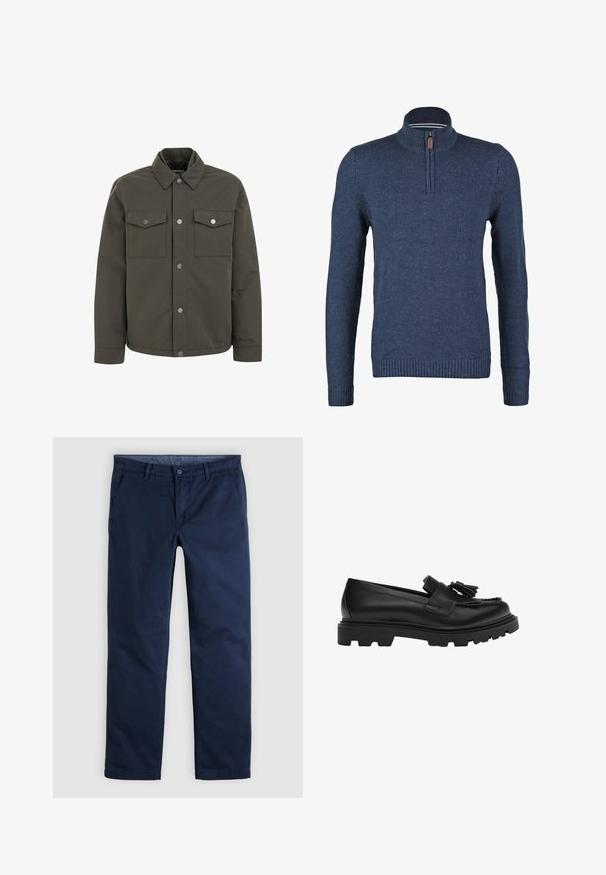 Veste vert olive en tissu durable, avec un col, deux poches poitrine et des boutons-pression métalliques sur le devant.; Pull demi-zippé bleu marine en tissu tricoté texturé, avec des manches longues et des bords côtes aux poignets et à l'ourlet. Détail en cuir sur la tirette du zip.; Pantalon décontracté pour homme, coupe droite, bleu foncé, avec passants pour ceinture et poches latérales avant, présenté à plat sur un fond neutre.; Mocassins en cuir noir avec une semelle en caoutchouc épaisse, présentant un gland décoratif et un design tressé sur le panneau avant.