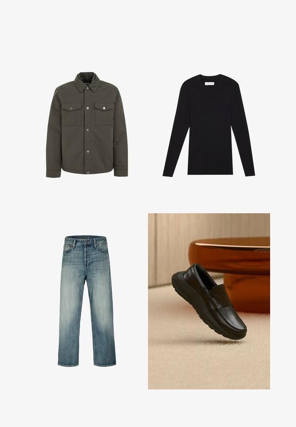 Oliivivihreä takki, joka on valmistettu kestävästä kankaasta. Takissa on kaulus, kaksi rintataskua ja metalliset napit edessä.; Pier One MUSCLE FIT KNITJUMPER - Neule - black; Siniset suorat farkut, joissa haalistunut pesu, etunappi- ja vetoketjusulkemus, vyölenkit ja viiden taskun malli.; Mustaa nahkaa oleva paksupohjainen loafer, esillä beigeä mattoa vasten ja lähellä pyöreää meripihkan väristä pöydän jalkaa.