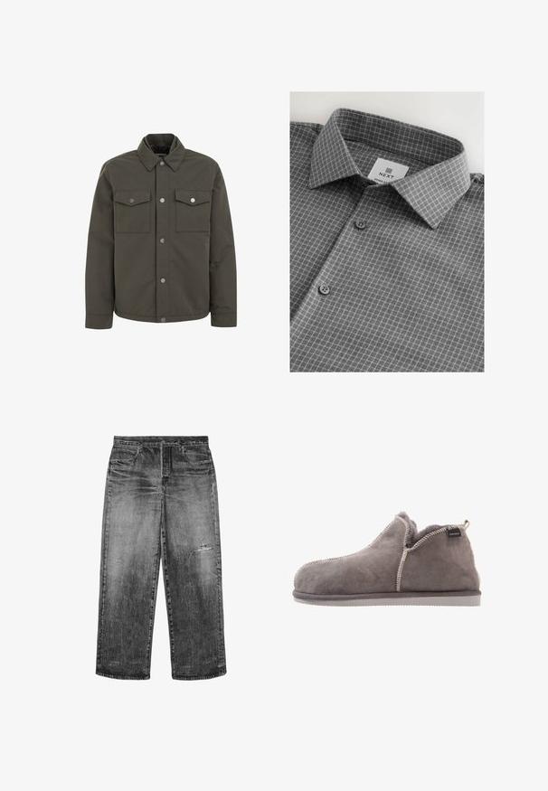 Veste vert olive en tissu durable, avec un col, deux poches poitrine et des boutons-pression métalliques sur le devant.; Chemise grise à carreaux, avec un col pointu et deux boutons gris à l'avant. Étiquette portant la mention "NEXT."; Jeans droits noir délavé avec poches avant, fermeture par bouton et une petite déchirure au-dessus du genou droit.; Chausson en suede gris avec un doublure douce, profil bas, coutures contrastantes et une étiquette sur le côté. Semelle en caoutchouc plate pour un confort intérieur.