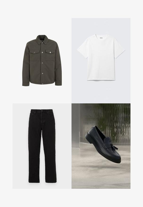 Chaqueta verde oliva hecha de un tejido duradero, con un cuello, dos bolsillos en el pecho y botones de presión metálicos en la parte delantera.; Camiseta blanca de manga corta con cuello redondo, colocada plana, diseño liso, con etiqueta "WEEKDAY" en el interior del cuello sobre un fondo claro.; Jeans de mezclilla negra con un diseño de pierna recta, que cuentan con un cierre de botón, pasadores para cinturón y un estilo clásico de cinco bolsillos.; Mocasines de cuero negro con textura suave, punta redondeada y borlas decorativas en el frente. Suela de goma flexible con tacón bajo.