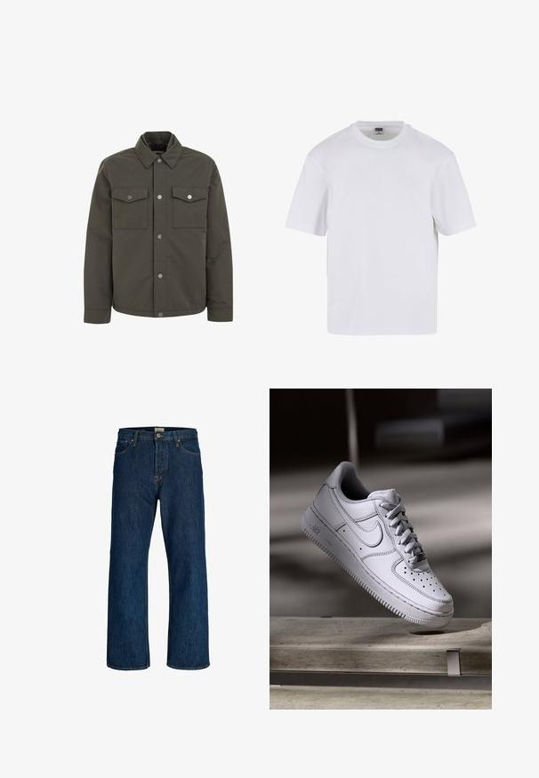 Chaqueta verde oliva hecha de un tejido duradero, con un cuello, dos bolsillos en el pecho y botones de presión metálicos en la parte delantera.; Camiseta blanca de manga corta hecha de algodón. Presenta un cuello redondo y un ajuste holgado. Textura suave, diseño minimalista, sin patrones ni adornos.; Vaqueros rectos de mezclilla azul oscuro con botón delantero, cremallera y diseño de cinco bolsillos.; Zapatilla Nike Air Force 1 de cuero blanco que presenta una puntera perforada, cordones planos y una suela de goma texturizada con la marca "AIR" en el lateral.