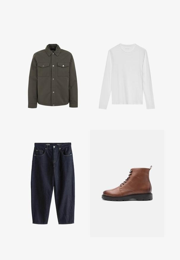 Veste vert olive en tissu durable, avec un col, deux poches poitrine et des boutons-pression métalliques sur le devant.; T-shirt blanc à manches longues en coton doux, avec un col rond et une texture lisse sans motifs ni accents visibles.; Jean en denim bleu foncé avec coupe fuselée, cinq poches, fermeture par bouton et coutures visibles sur fond blanc.; Bottes brunes en cuir montant jusqu'à la cheville avec un bout rond, un laçage à l'avant et une semelle en caoutchouc noir. Équipées d'une boucle à l'arrière pour un enfilage plus facile.