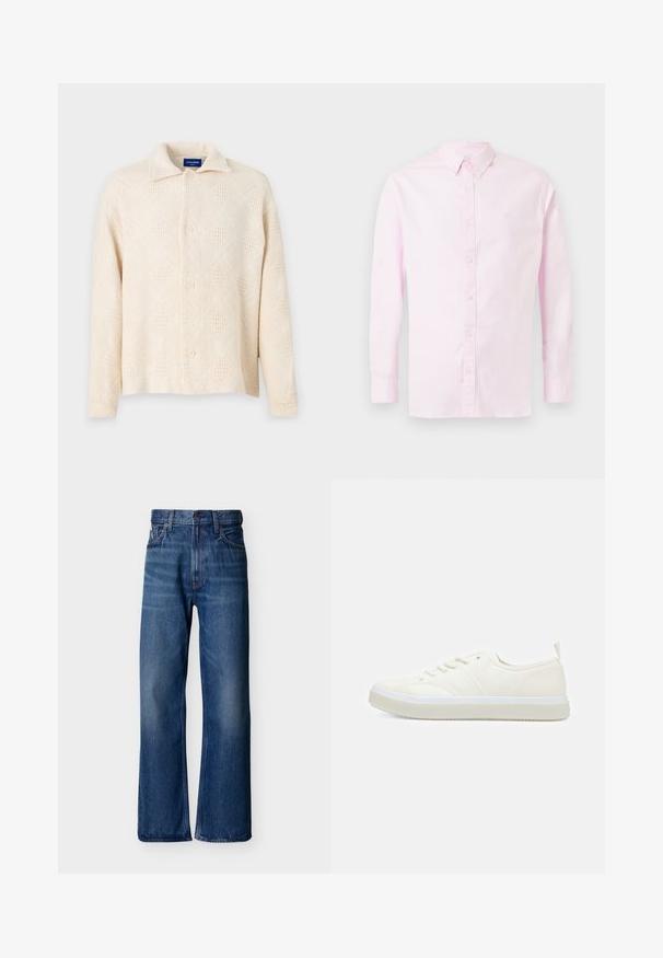 Beige nappiasu, joka on valmistettu teksturoidusta kankaasta ja jossa on timanttikuvio sekä klassinen kaulus. Neljä nappia edessä.; Vaaleanpunainen pitkähihainen paita, jossa on button-down-kaulus, napit edessä ja pieni vihreä logo rinnassa, valmistettu puuvillakankaasta.; Siniset farkut, joissa on korkea vyötärö, leveälahkeinen malli, viiden taskun tyyli ja hienovarainen haalistuma. Calvin Kleinin logo vyötärönauhassa.; Calvin Klein TOP LACE UP UNIFIT - Matalavartiset tennarit - salt bay
