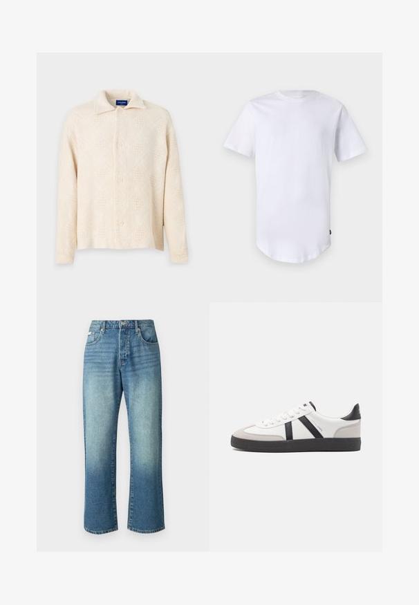 Beige Hemd mit Knopfleiste aus strukturiertem Stoff, mit einem Rautenmuster und einem klassischen Kragen. Vier Knöpfe auf der Vorderseite.; Weißes T-Shirt mit kurzen Ärmeln aus Baumwolle. Rundhalsausschnitt mit abgerundetem Saum. Etikett auf der unteren linken Seite sichtbar. Glatte Textur.; Helle blaue Jeans mit geradem Bein, fünf Taschen, vorderer Knopfverschluss und dezentem Verblassen im gesamten Stoff.; Weiße Sneaker mit schwarz- und grau-aczenten, ausgestattet mit einer strukturierten grauen Zehenkappe, schwarzer Gummi-Sohle und flachen weißen Schnürsenkeln. Sauberes Design, minimalistische Stil.